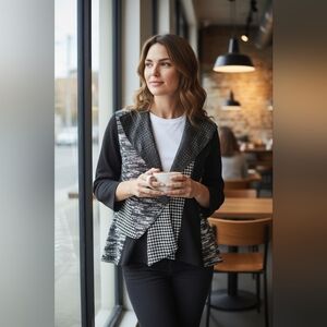 Minkas XL Jacket Houndstooth, Bouclé & Faux Leather Art to Wear‎ Abstract Blazer
